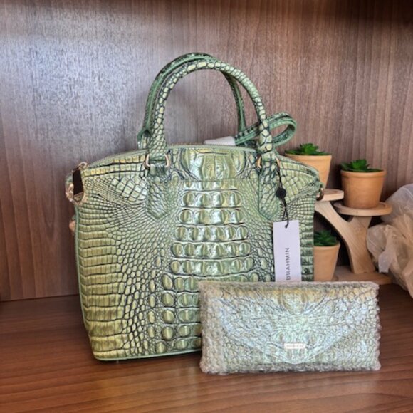 NWT BRAHMIN AGAVE METALLIC MEDIUM DUXBURY LEATHER DOME SATCHEL HANDBAG & WALLET - Picture 7 of 10